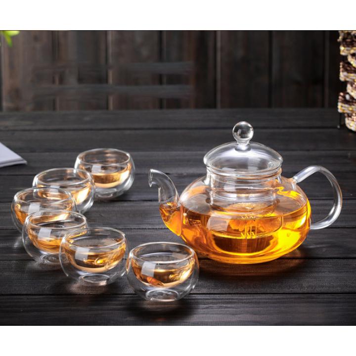 Bộ Ấm Chén Pha Trà Thuỷ Tinh Cao Cấp Dung Tích 600ml Có Lõi Lọc, Ấm Trà Hoa Cúc Thủy Tinh Chịu Nhiệt+ Tặng 6 Chén, Đế Đun Trà, Nến