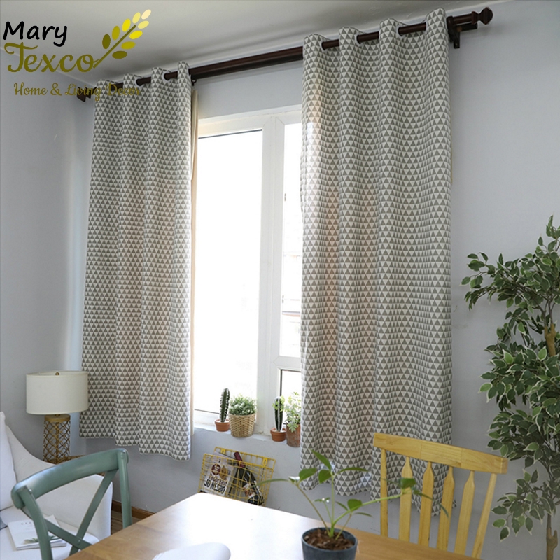 Rèm cửa Mary Texco đẹp trang trí vải bố linen đậm chất vintage, hoàn thiện đục lỗ ô rê, ốp khoen nhựa trắng D45 mm - họa tiết Tam giác xám -R-B10