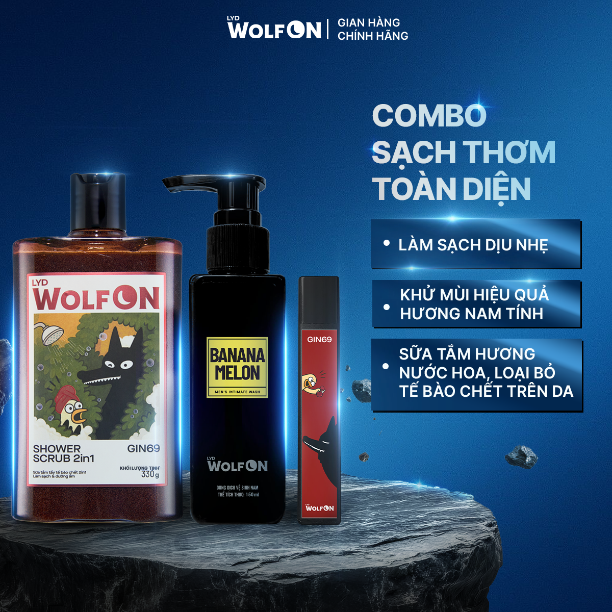 Combo Sữa Tắm 2in1 Tẩy Tế Bào Chết 330g LYD Wolf ON, Xịt Khử Mùi, Dung Dịch Vệ Sinh Nam 150ml