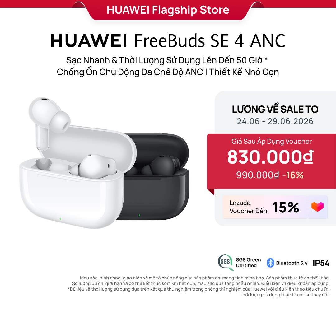 Tai Nghe Bluetooth HUAWEI FreeBuds SE 4 ANC | Sạc Nhanh  Thời Lượng Sử Dụng Lên Đến 50 Giờ | Chống Ồn Chủ Động Đa Chế Độ ANC | Thiết Kế Nhỏ Gọn