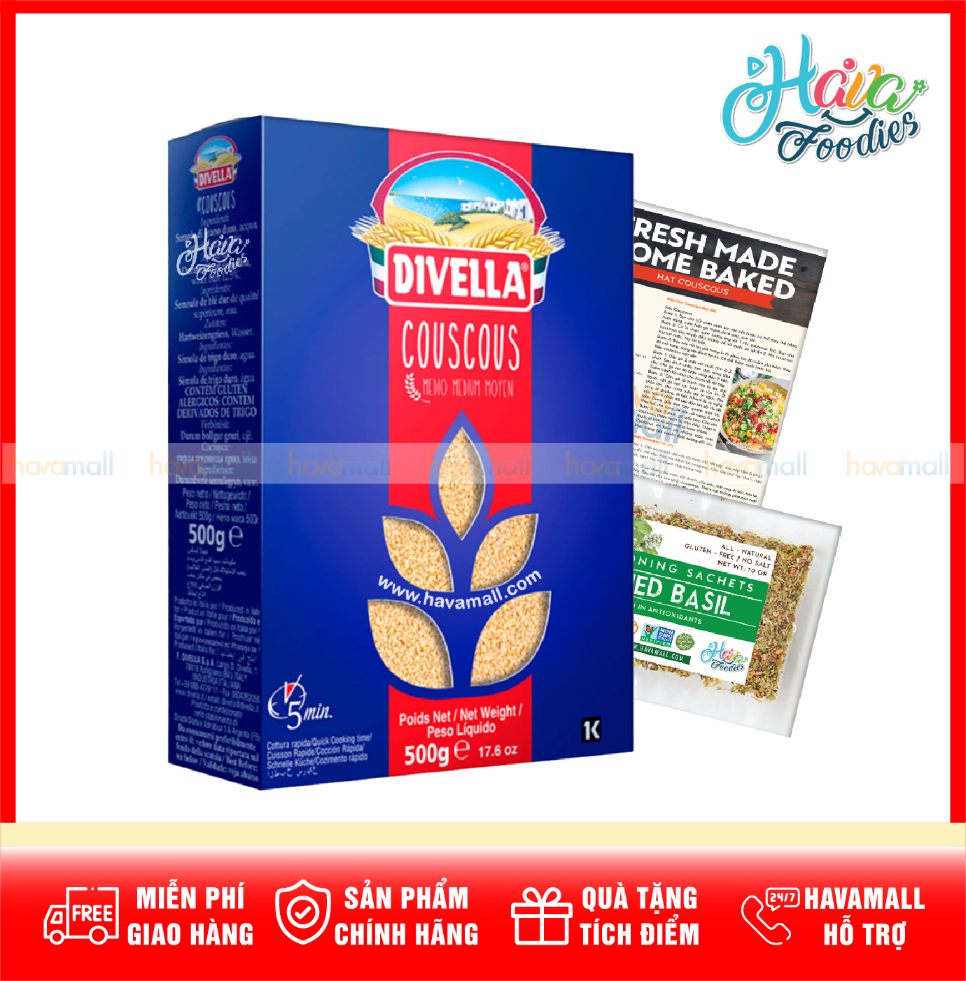 TẶNG BASIL - Hạt Couscous Hộp Giấy Cao Cấp DIVELLA 500gr