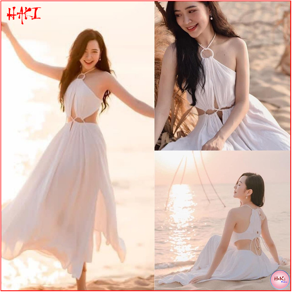 Đầm maxi đi biển dáng dài xẻ tà thắt eo chụp hình sống ảo HaKi MSP115 chất Voon thoải mái sang trọng