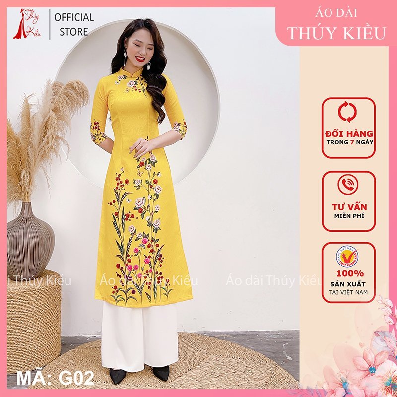 Áo dài tết cách tân Gấm tết thiết kế nữ đẹp nền vàng hoa dây G02