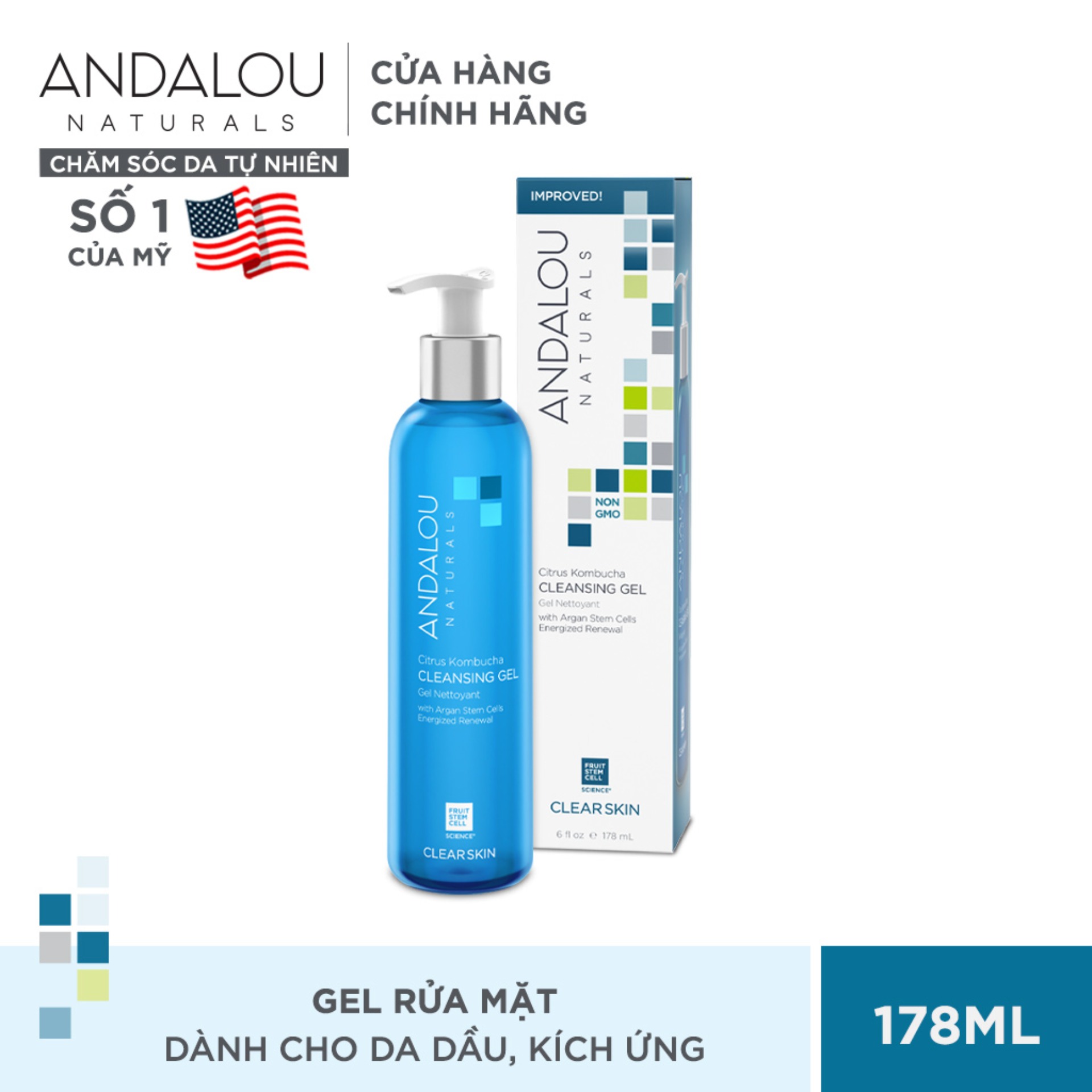 [HCM][QUÀ TẶNG ĐƠN TỪ 300K]Gel rửa mặt cho da dầu mụn Andalou Naturals Citrus Kombucha Cleansing Gel 178ml