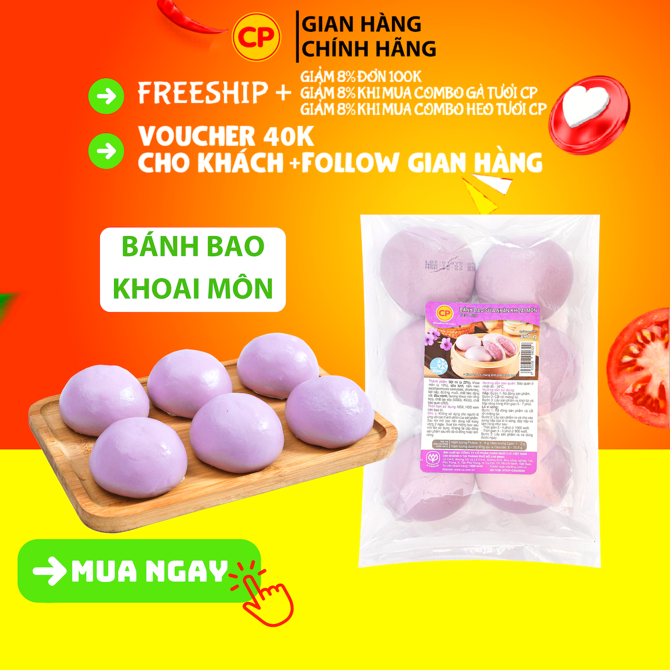 [2h] Bánh bao sữa khoai môn 390g - bánh bao ăn sáng tiện lợi