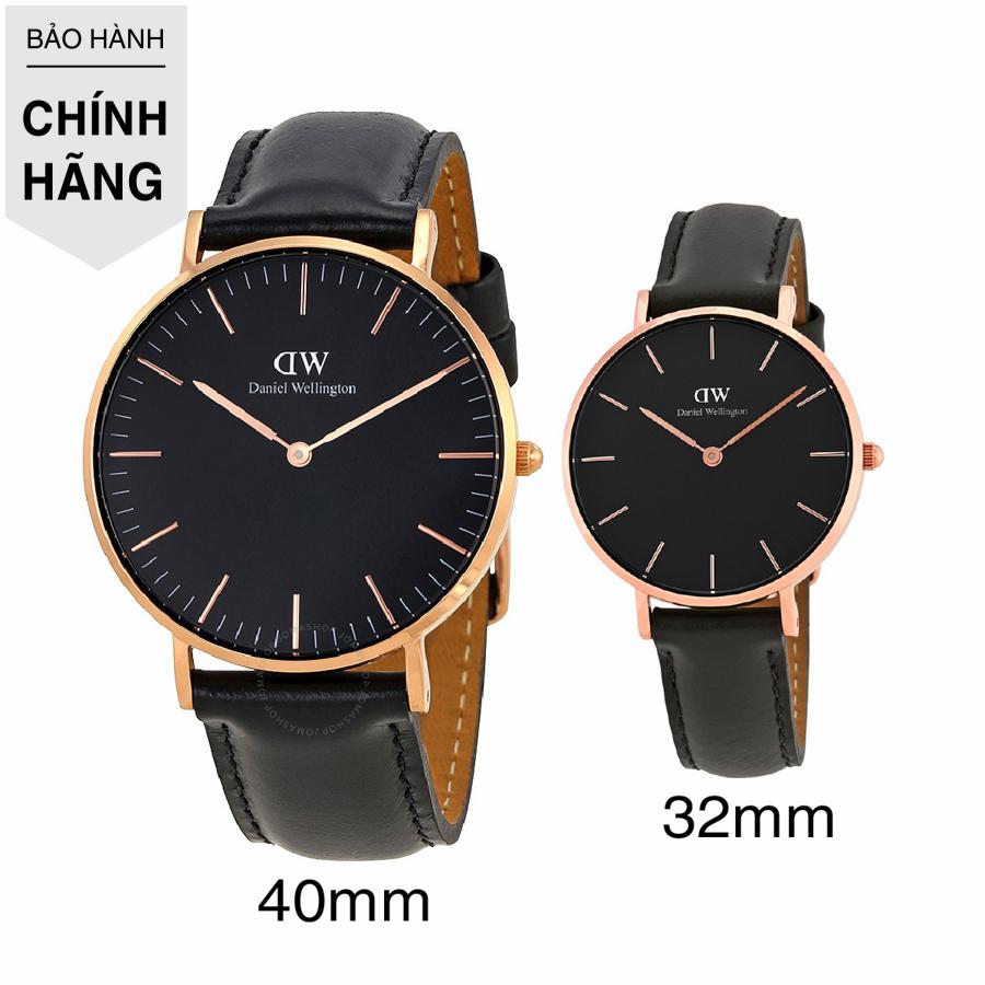 Đồng Hồ Cặp Daniel Wellington Dây Da - Classic Black Sheffield 40mm vs 32mm - Rose Gold