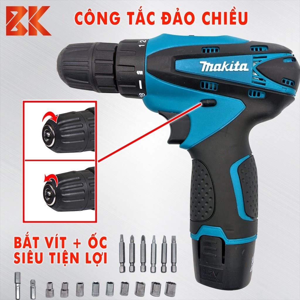 Máy khoan pin, bắn vít cầm tay Makita 12V kèm phụ kiện - SIÊU KHUYẾN MẠI