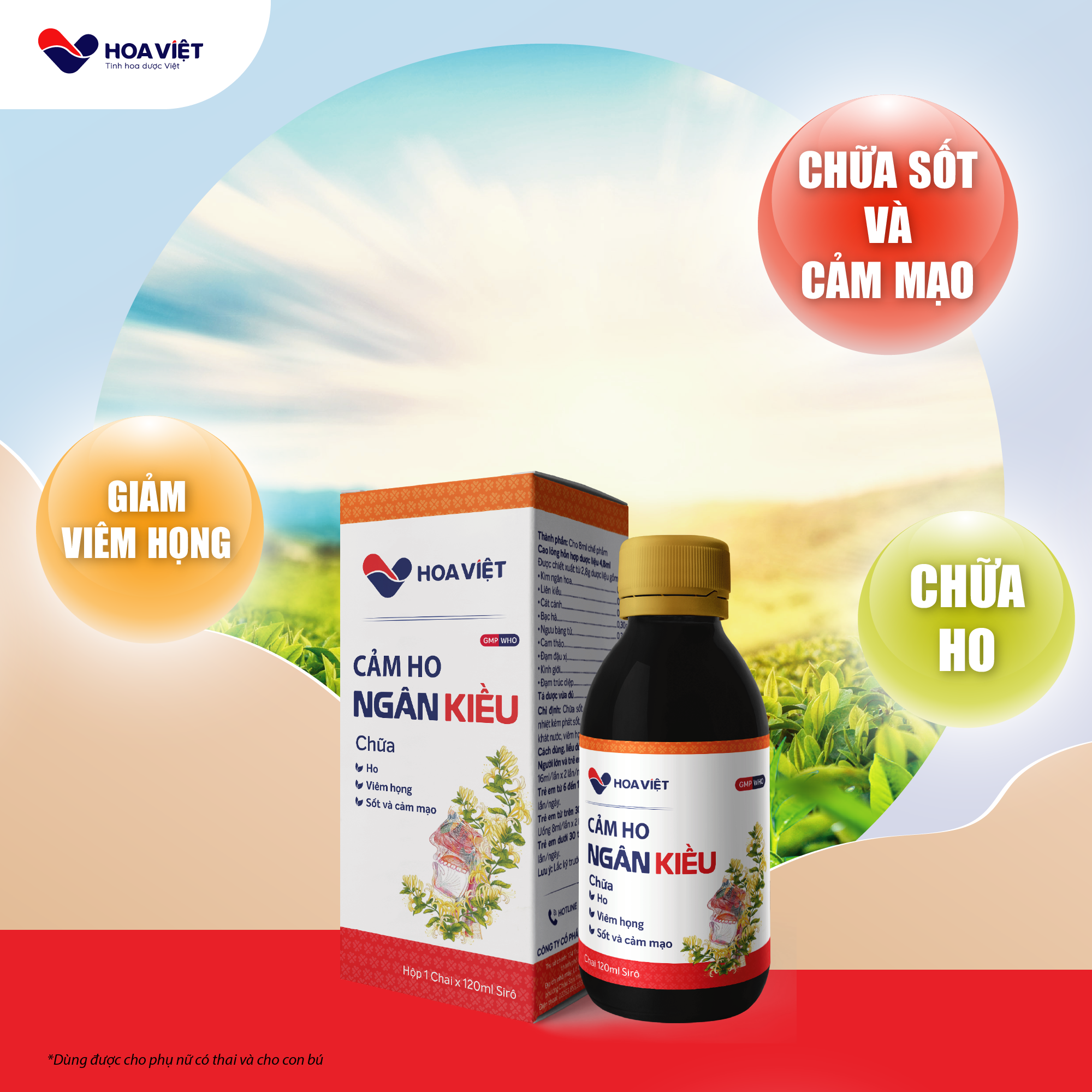 Siro ho thảo dược Ngân Kiều Hoa Việt tăng cường sức đề kháng giảm cảm ho hiệu quả dùng được cho trẻ sơ sinh và phụ nữ mang thai