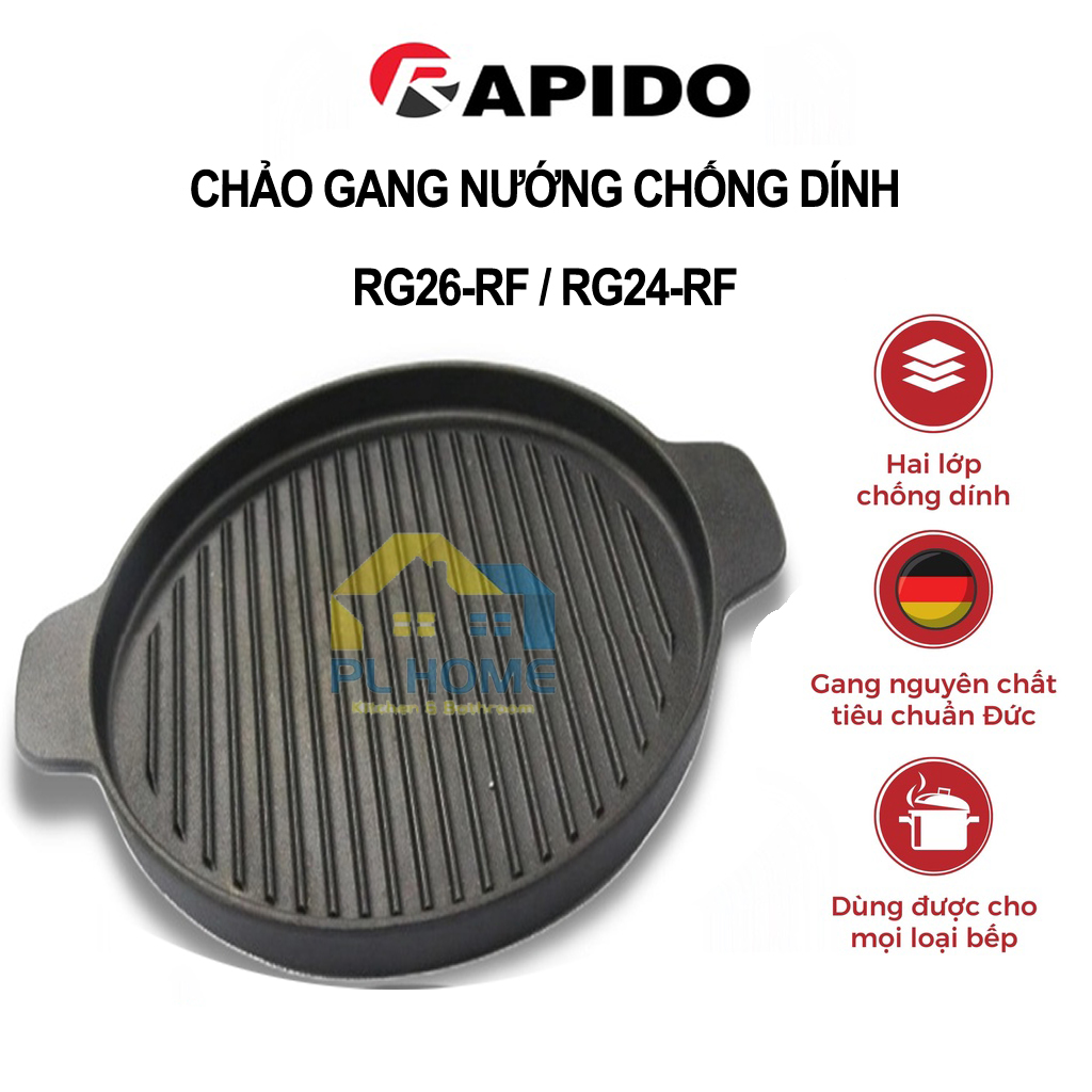 Chảo gang nướng chống dính Rapido dùng được trên tất cả các mặt bếp - Size 26 cm và size 24 cm