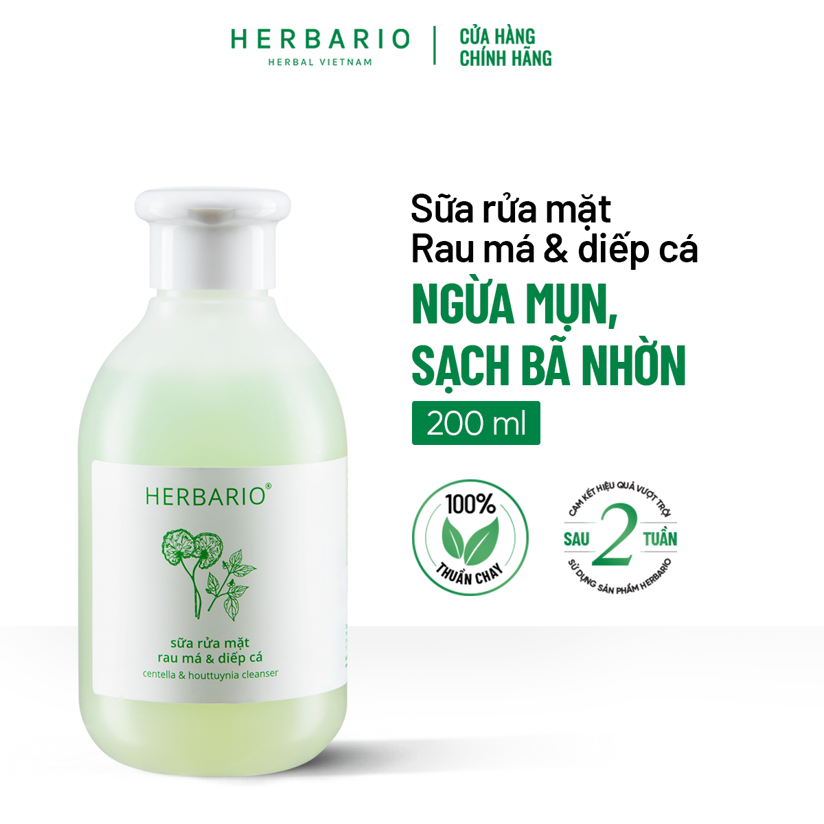 Sữa rửa mặt Rau má & Diếp cá herbario 200ml sạch mụn thuần chay