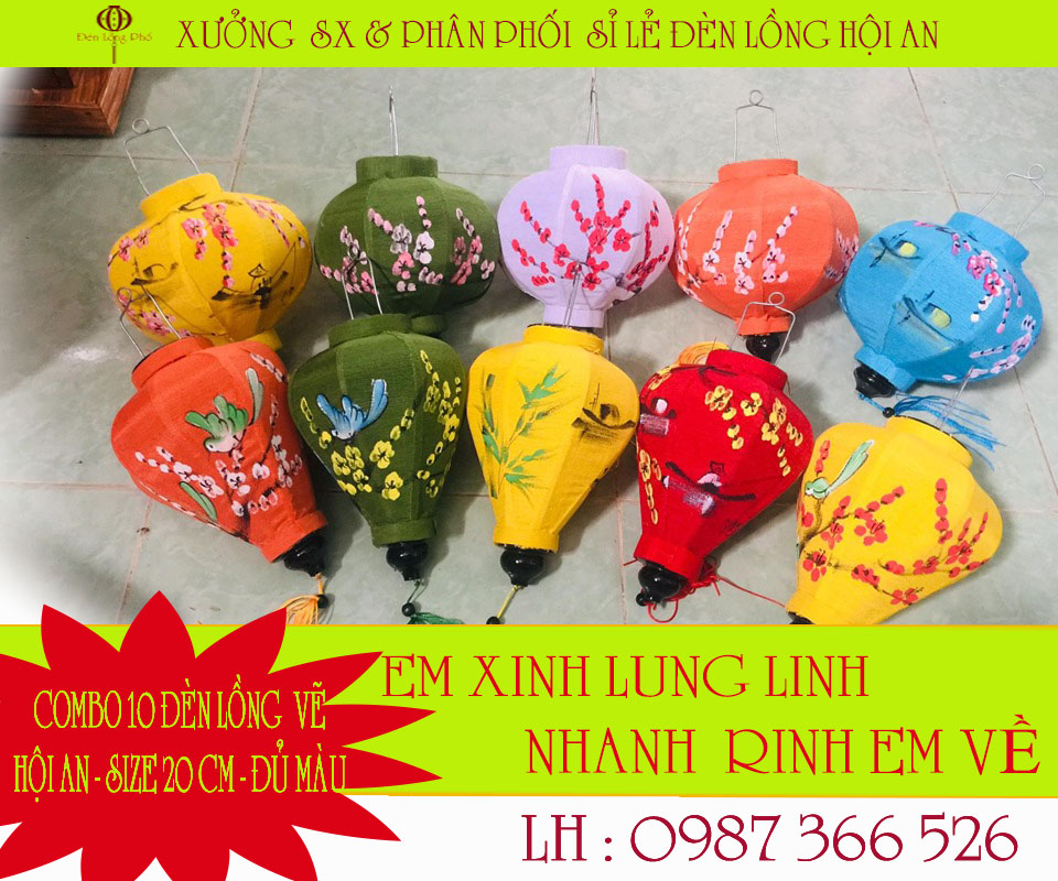 COMBO 10 đèn lồng Hội An vẽ hoa văn đủ màu  size 20 cm