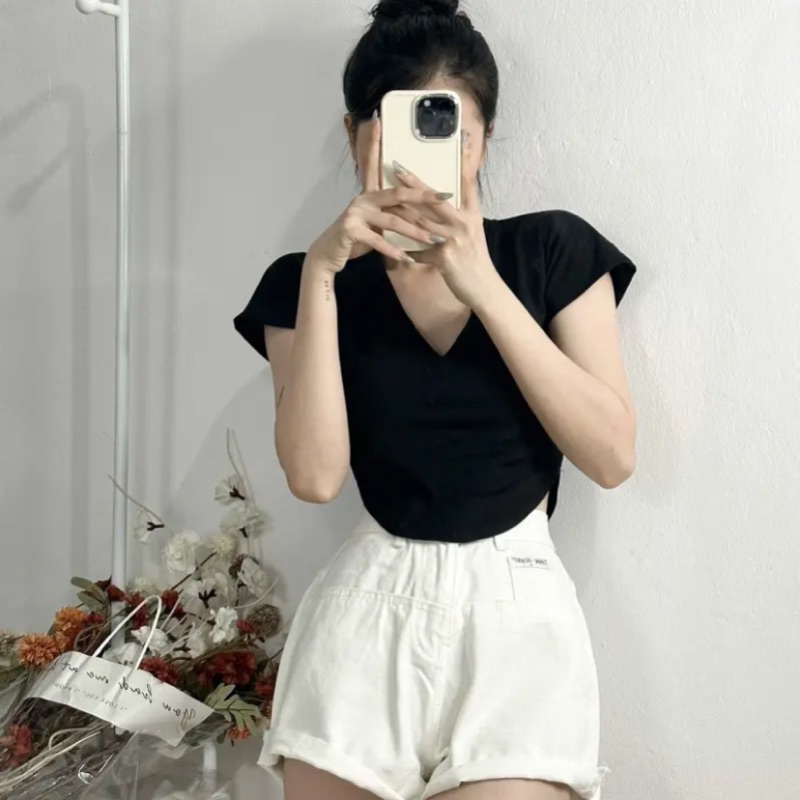Áo croptop nữ tay ngắn vạt bầu cổ tim chất thun cotton 2 chiều mềm mịn mát - A0166