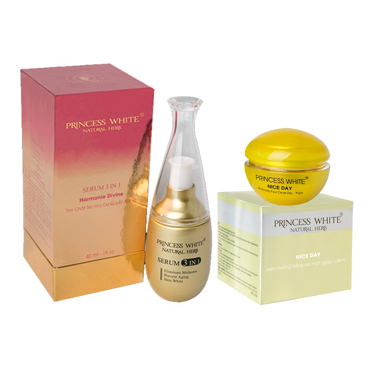 Bộ đôi kem nice day 22gr + serum princess white 3in1 40ml dưỡng trắng da giữ ẩm se khít chân lông