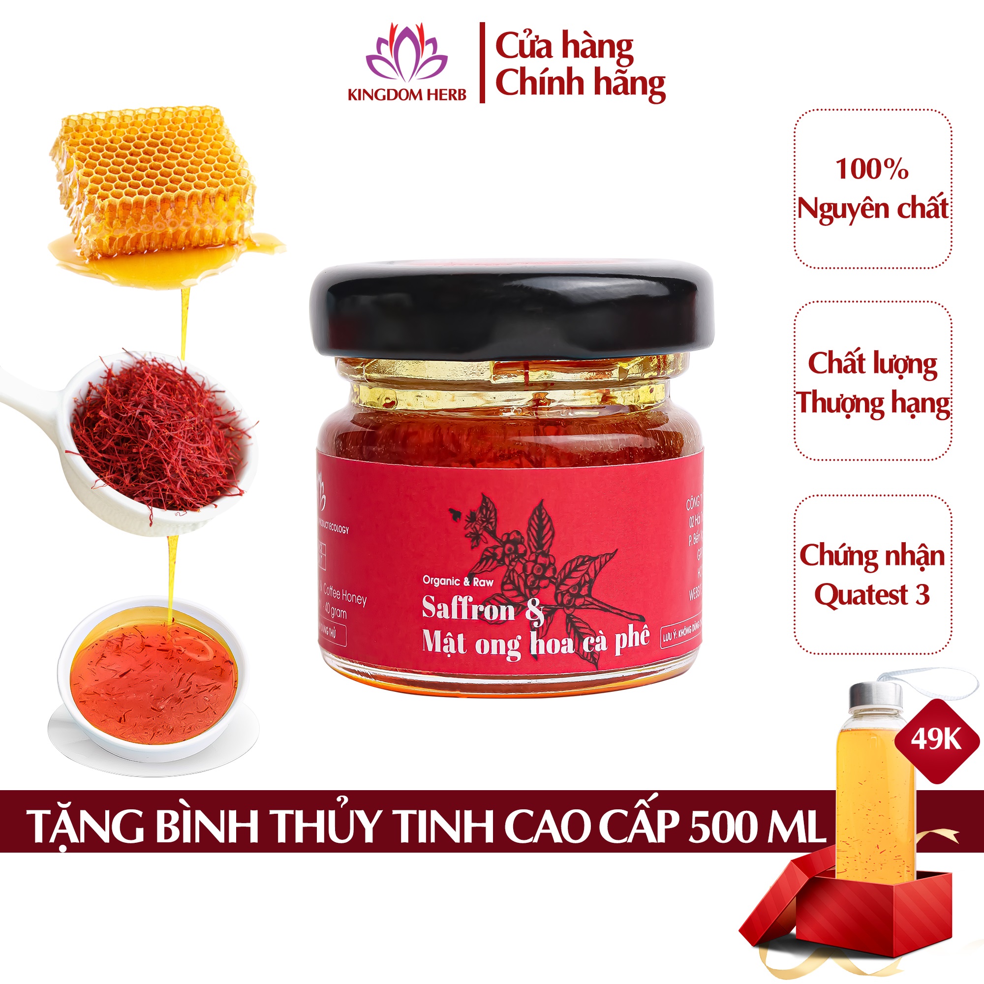 Saffron ngâm mật ong Kingdom Herb chính hãng hộp mẫu thử 40g, nhụy hoa nghệ tây mật ong thượng hạng nguyên chất 100%