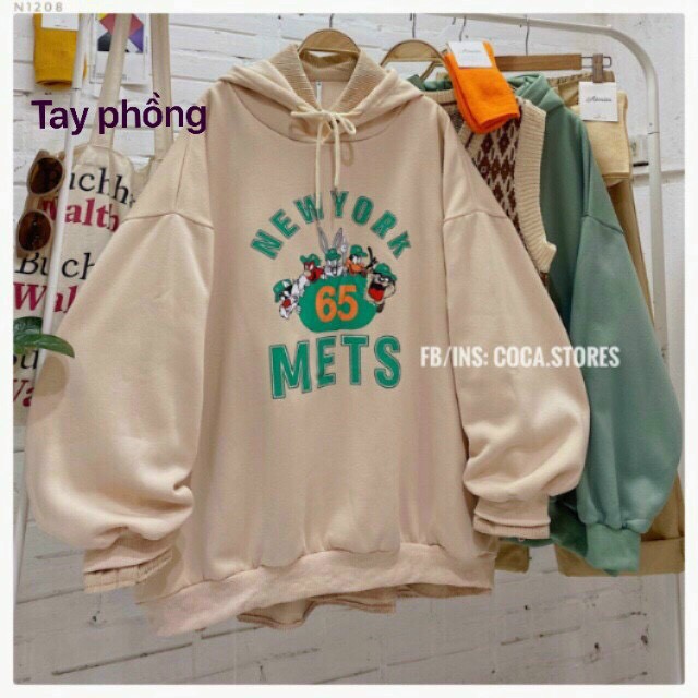Áo hoodie tay phồng phối nón METS siêu dễ thương