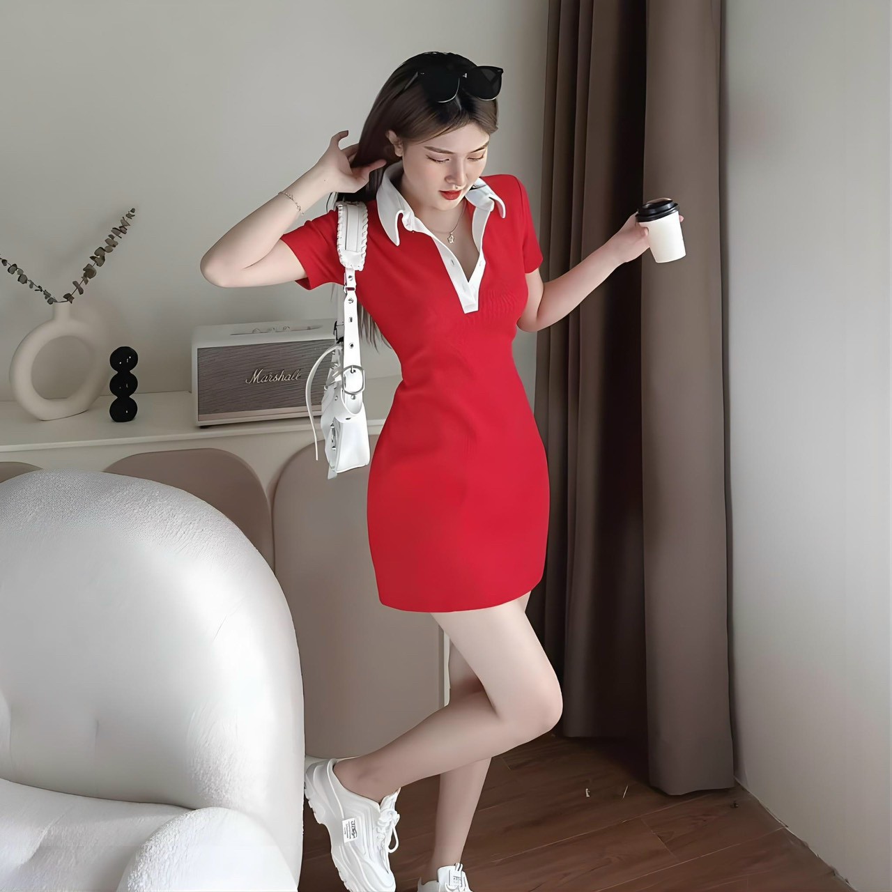 Đầm Thiết kế,váy cổ V,thun gân tăm Tay lỡ, đầm dự tiệc sang trọng màu đỏ,đen