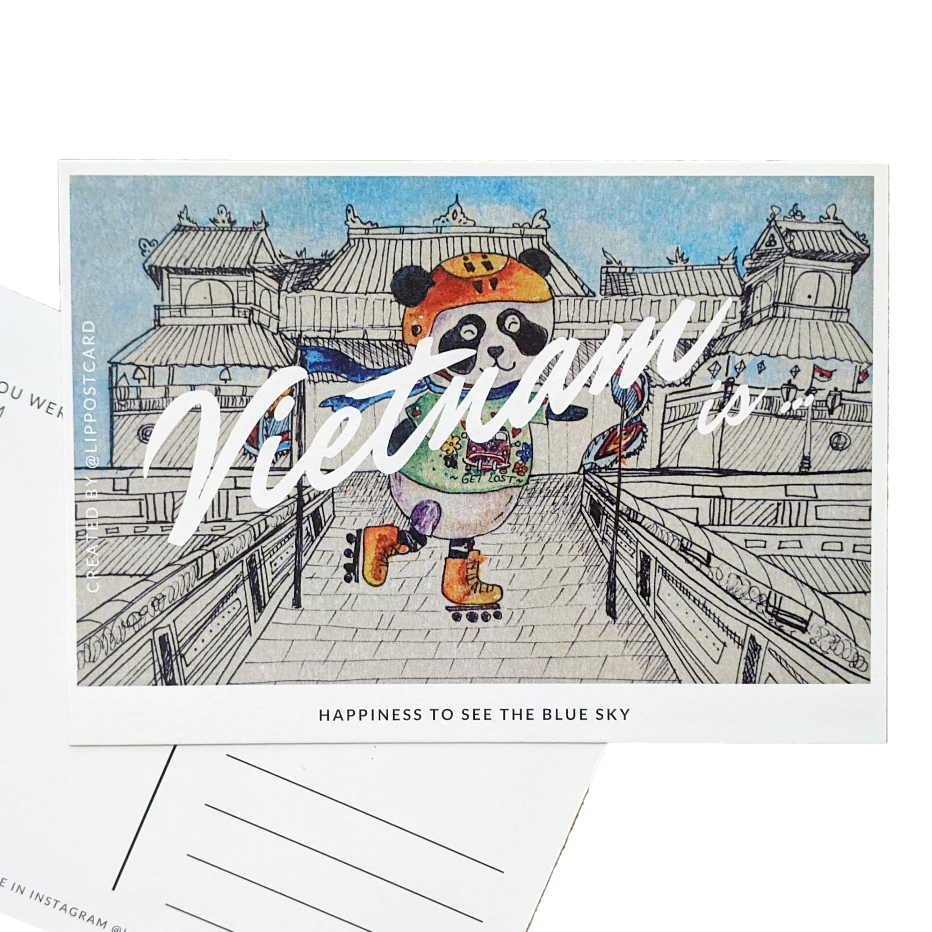 Bưu thiếp "Việt Nam" Trượt patin gấu trúc ở thành phố Huế, Việt Nam. Làm thủ công bưu thiếp màu nước gốc trên giấy màu nước. Minh họa màu nước. Một món quà từ Việt Nam