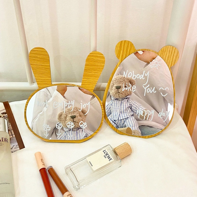 Gương soi để bàn, gương trang điểm gỗ decor phòng thỏ và gấu