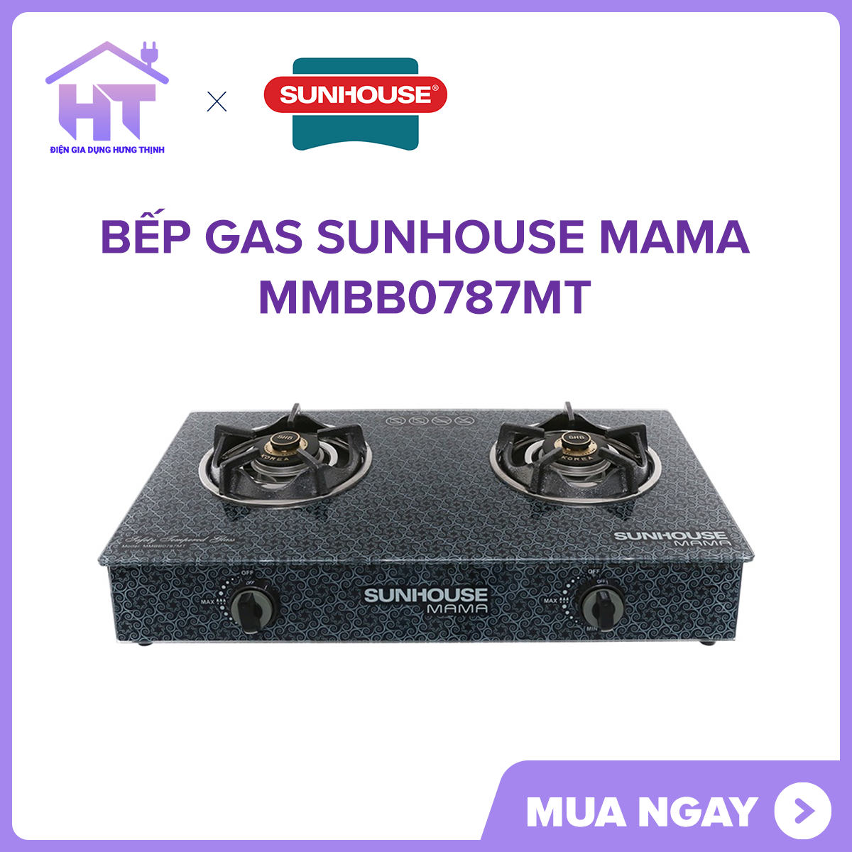 Bếp gas Sunhouse Mama MMBB0787MT / SHD3365MT +Tặng dây gas- tiết kiệm gas với lượng gas tiêu thụ chỉ 0.44 kg/h/2 lò.