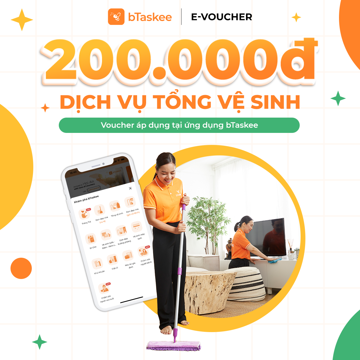 EVoucher trị giá 200.000đ áp dụng cho dịch vụ Tổng vệ sinh