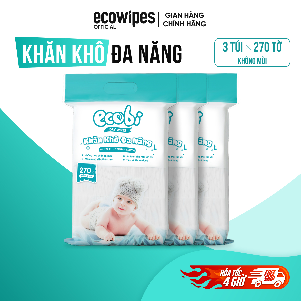 Combo 03 túi khăn vải khô đa năng 270 tờ cao cấp an toàn cho bé Ecowipes không mùi mềm dai thấm hút tốt