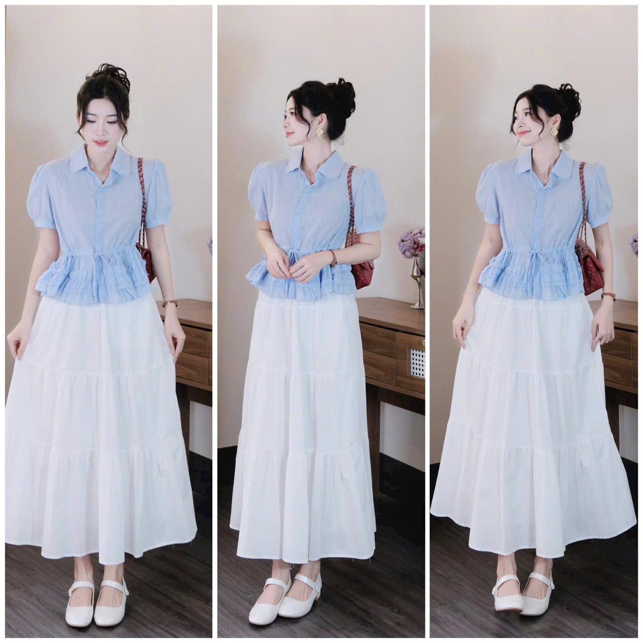  Set váy thời trang nữ thiết kế công sở chất Đũi áo tay ngắn cổ sơmi có dây cột eo phối chân váy dáng maxi xòe sang chảnh 