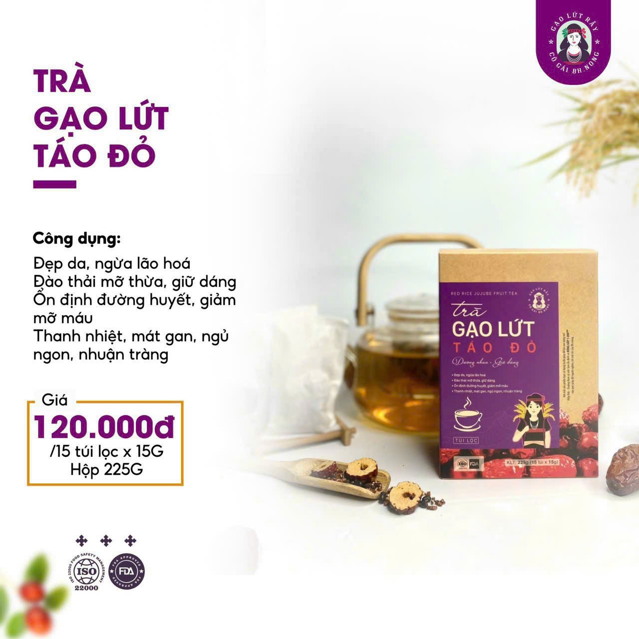 Trà gạo lứt táo đỏ dưỡng nhan, đẹp da, detox, bổ máu - Tâm An Gạo lứt rẫy Bhnong