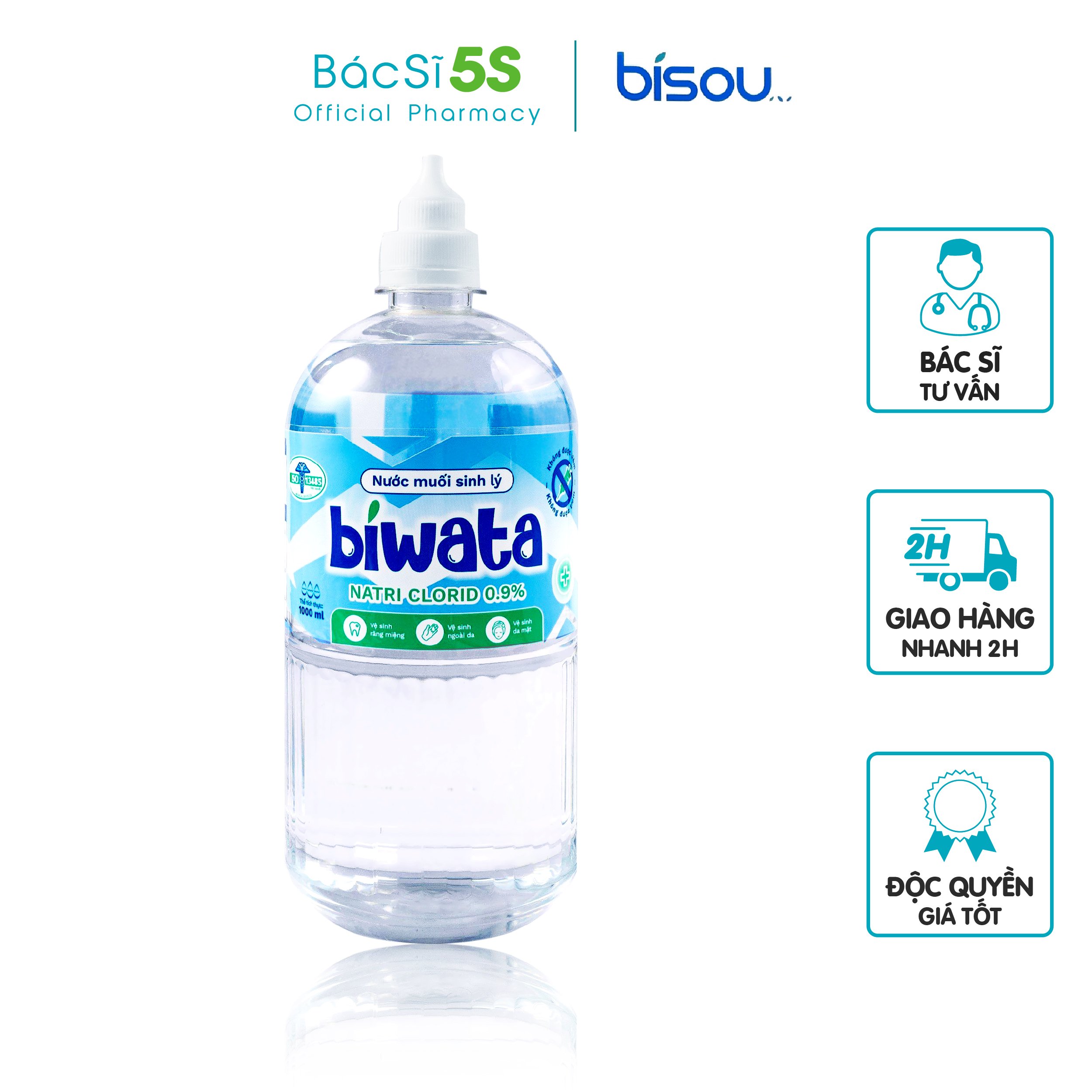 Nước muối sinh lý Biwata 1000ml - dùng để súc miệng, làm sạch da mặt và sát trùng vết thương