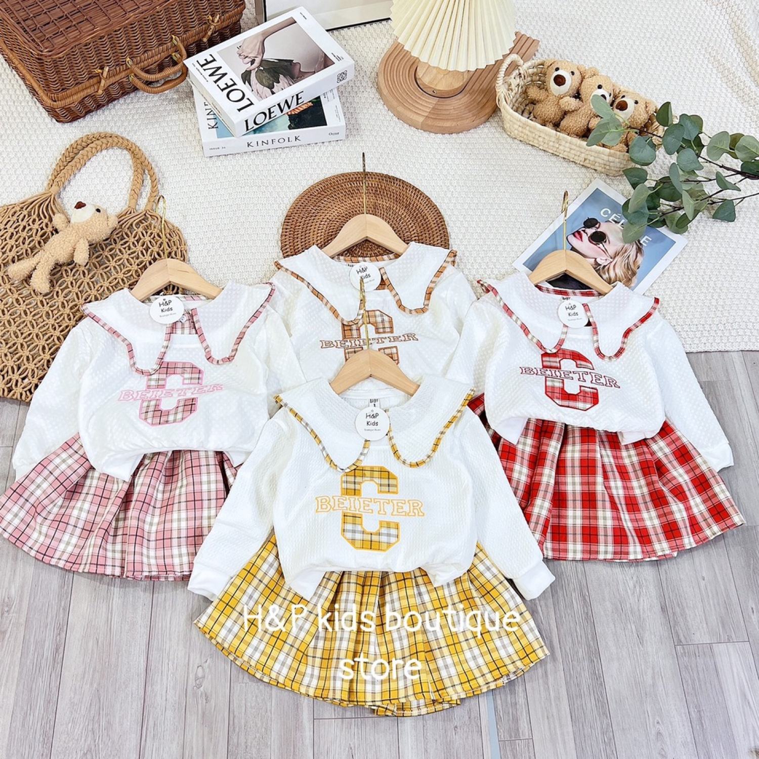 Set bộ áo nỉ váy kẻ Bino Kids, váy cá tính cho bé gái từ 10-20kg
