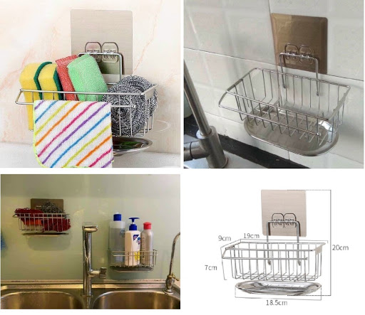 Giỏ, Kệ Để Bồn Rửa Bát Inox Có Khay Hứng Nước, Có Thanh Treo Khăn Tiện Dụng