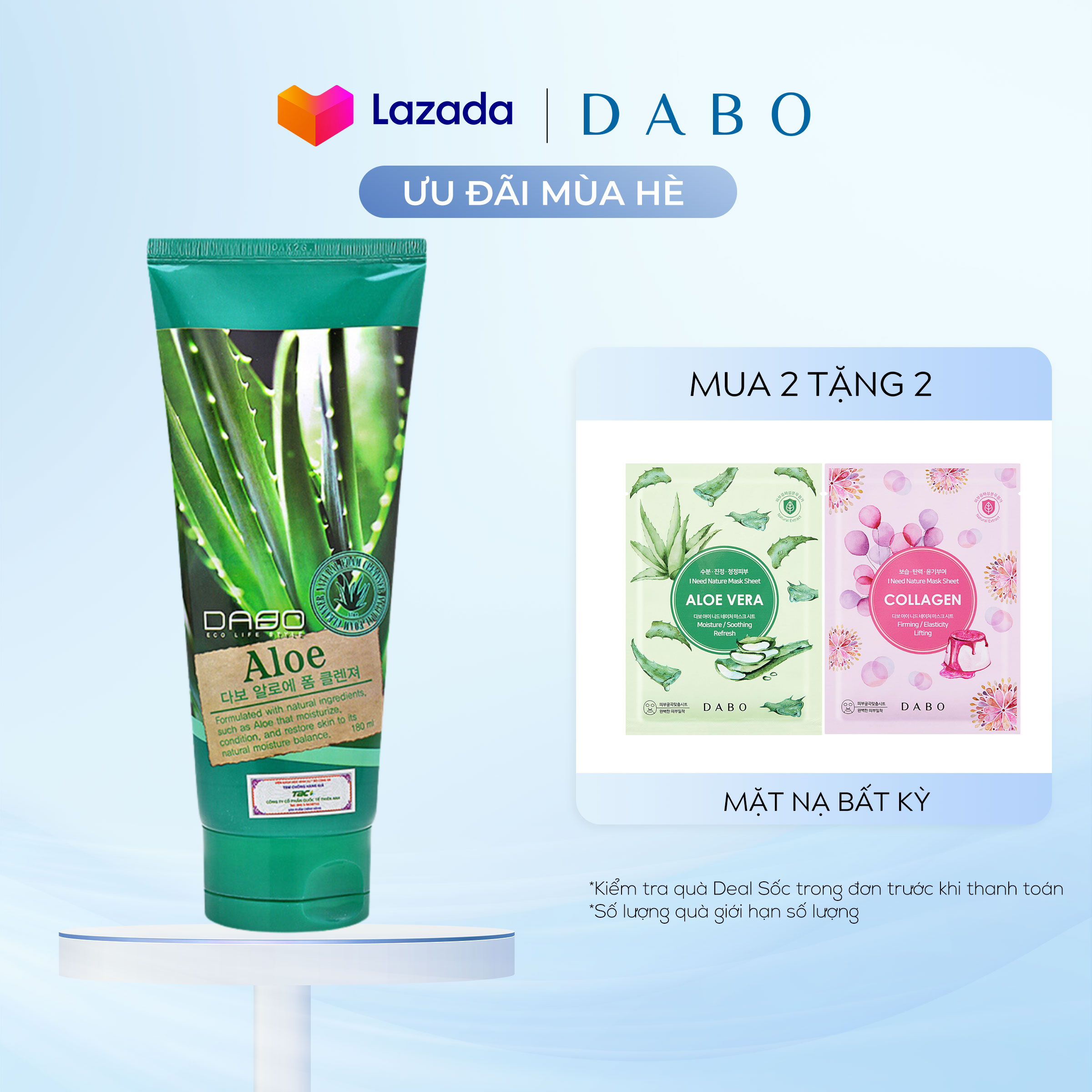 Sữa rửa mặt DABO tinh chất Lô hội 180ml cấp ẩm hỗ trợ da nhạy cảm