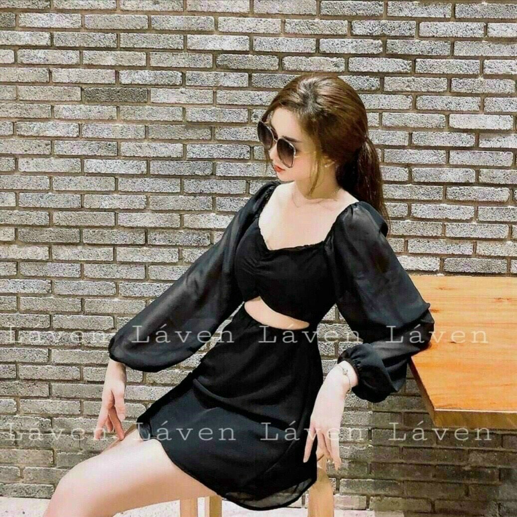 Đầm voan tay phồng nhún ngực có mút-qc