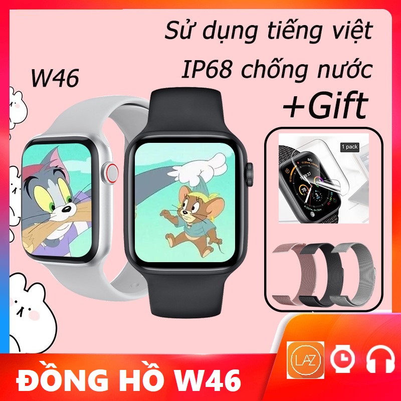 Đồng Hồ Thông Minh W46 ( W26 Plus) - Thay Được Hình Nền Theo Ý Muốn, Thay Được Dây Đeo, Chống Nước, Pin Dùng 5-7 Ngày, Tiếng Việt 100% Màn Hình Tràn Viền 1.75inh HD, Nhận Thông Báo APP, Chụp Ảnh Từ Xa,Điều Khiển Nhạc & Cuộc Gọ