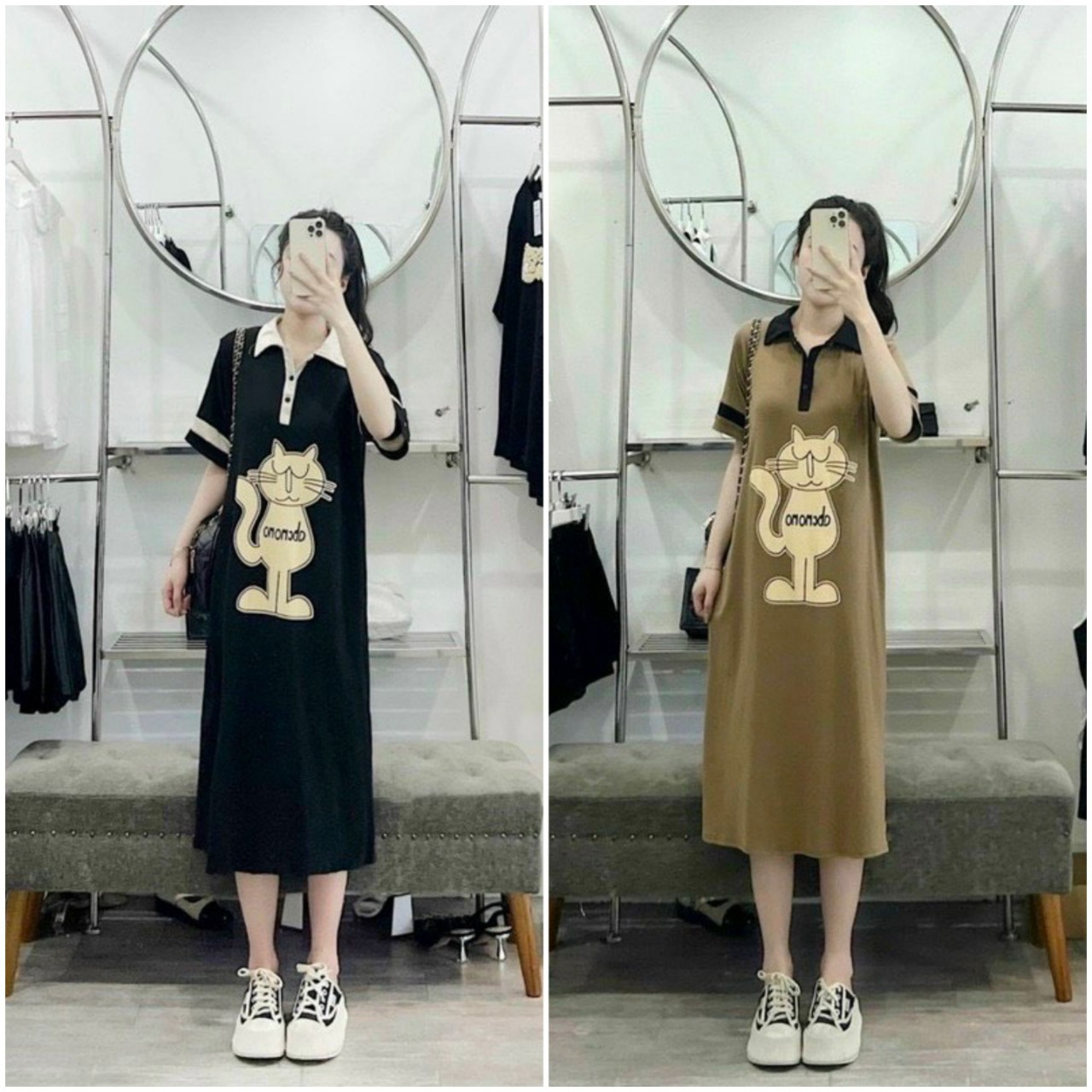 Váy suông nữ cổ polo mèo cộc tay, đầm suông cổ bẻ dáng dài