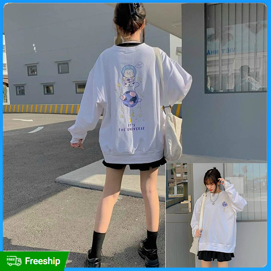 Áo Khoác Sweater nữ in hình Phi Hành Gia Siêu Cute Nữ Tính, Áo Sweater Nỉ PE dày dặn hút ẩm có thể mặc đi học phối đồ dễ dàng