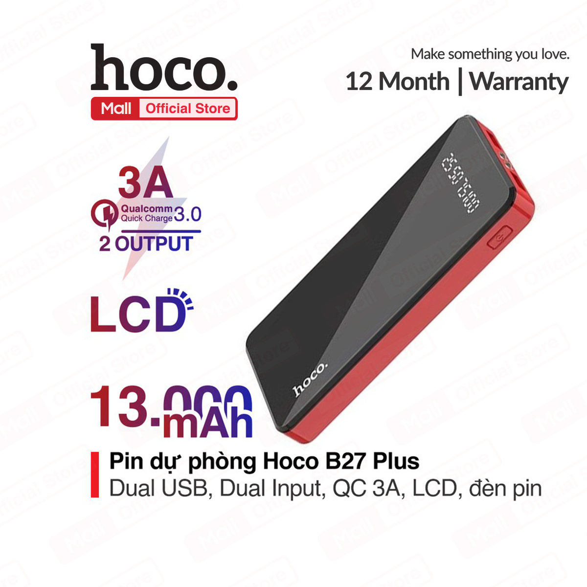 Pin dự phòng Hoco B27 Plus 13000mAh 2 đầu vào (Type-C&Micro-USB) 2 đầu ra chuẩn USB-A sạc nhanh 3.0A tích hợp đèn LED chiếu sáng mà màn hình hiển thị mức pin trực quan