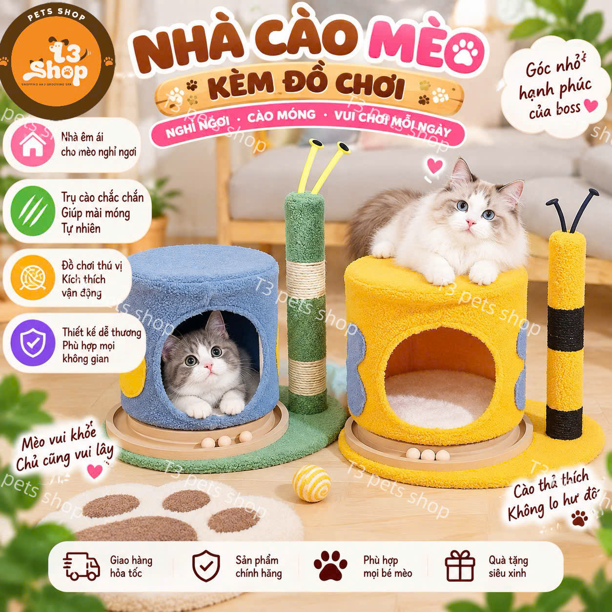 Trụ mèo cào móng ốc sên 43x50x39cm (cat tree) - T3 PETS SHOP