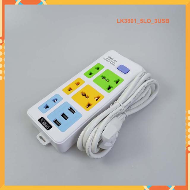 Ổ cắm điện đa năng - 5 lỗ 2 chấu - 4 lỗ 3 chấu - 3 cổng sạt usb, dây dài 5m. lk3801