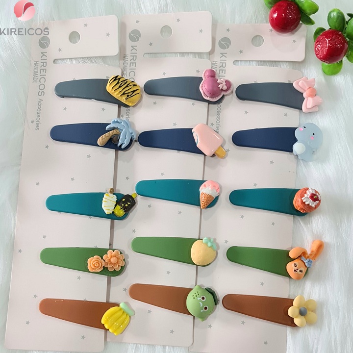 Set 5 Kẹp Tóc Bấm Mái Nhựa Nhám Đính Thú Cao Cấp Cho Bé - kireicos