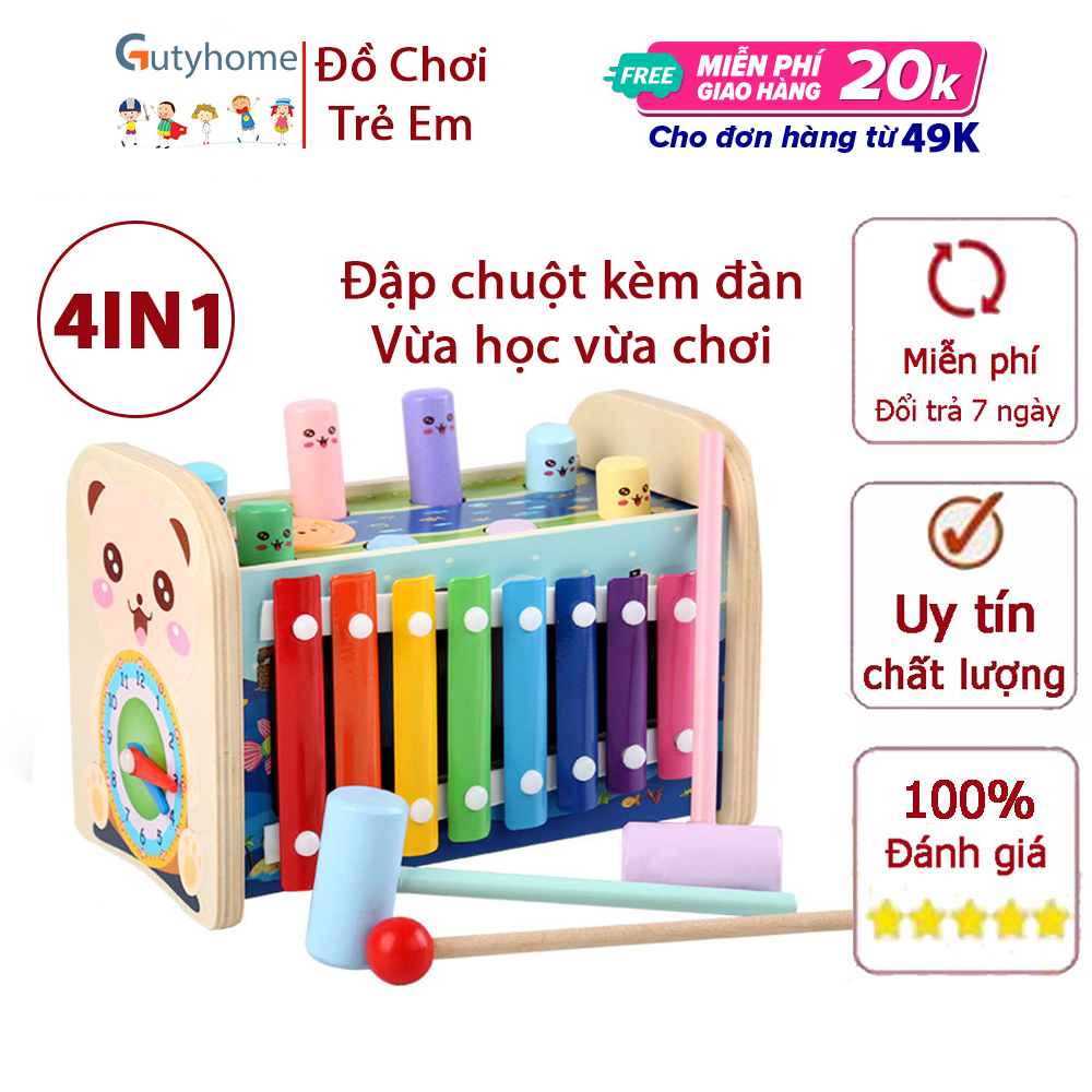 Đồ Chơi Đập Chuột, Đàn gỗ Xylophone 8 thanh, Đồng hồ giúp bé học phút, giờ, Trò chơi bánh răng quay 4IN1 Cho Bé Yêu Phát Triển Trí Tuệ, nhận biết màu sắc, thời gian, rèn luyện khả năng cầm nắm vật Cho bé từ 2 - 4 tuổi