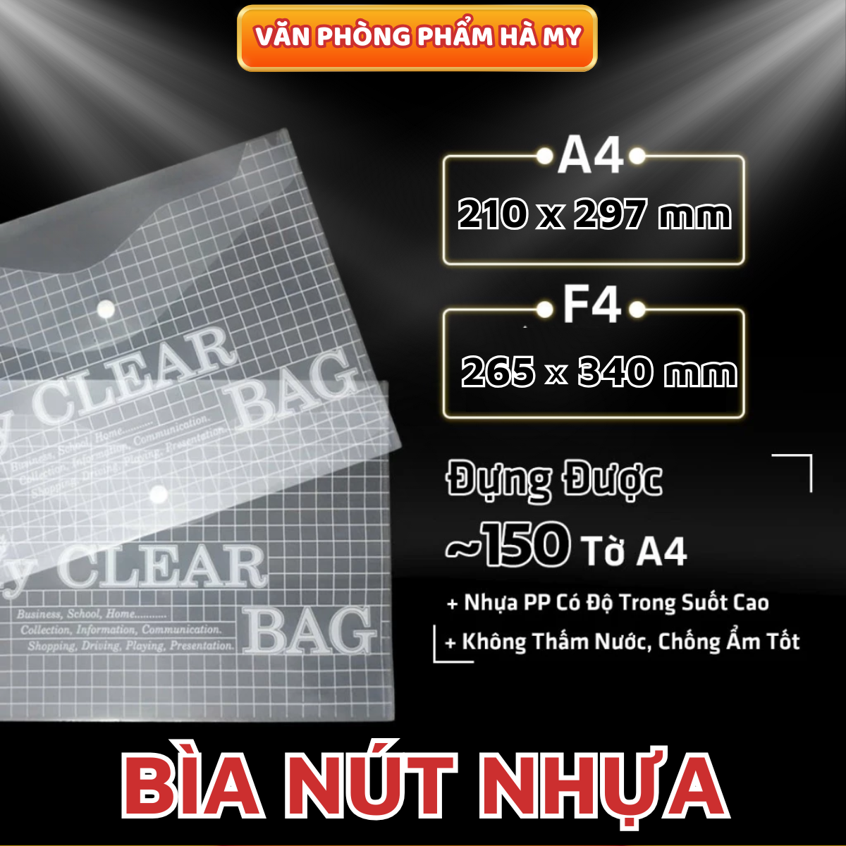  Xấp 12 Cái Bìa Nút Nhựa A4 F4 My Clear Bag Bìa Sơ Mi PP Dày Trong Suốt Bảo Vệ Tài Liệu Không Thấm Nước 
