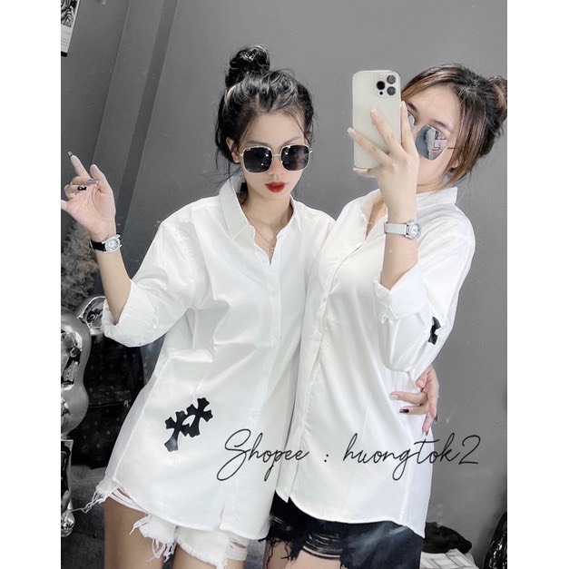 Áo sơ mi nam nữ chuẩn fom chữ thập dài tay chất thô lụa.