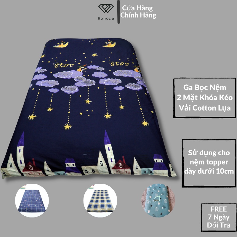 Vỏ bọc nệm topper Riotex vải cotton lụa nhân tạo bọc nệm 2 mặt có khóa kéo