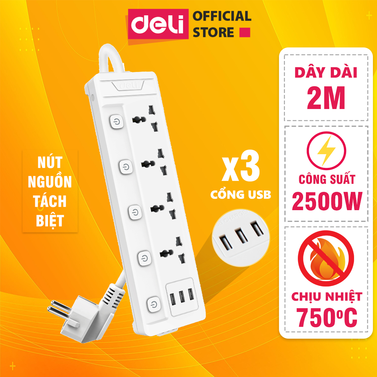 Ổ Cắm Điện 3 Chân Đa Năng Kèm Cổng USB Deli - Chiều Dài Dây 2m Độ Bền Cao Tiện Dụng, An Toàn Dùng Trong Gia Đình Văn Phòng