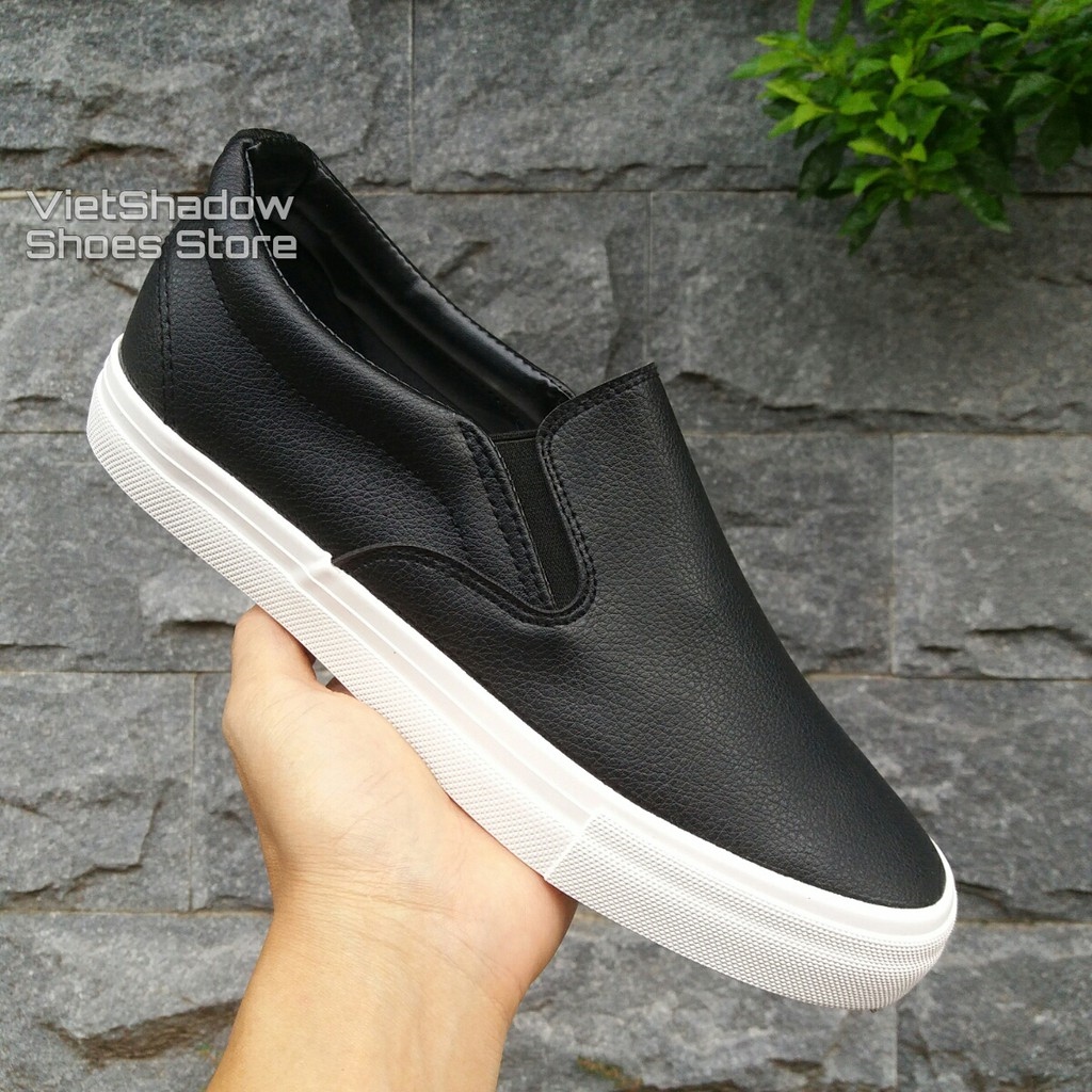 ✲ Slip on da nam - Giày lười da nam - Chất liệu da PU màu đen đế trắng và trắng full - Mã SP A568