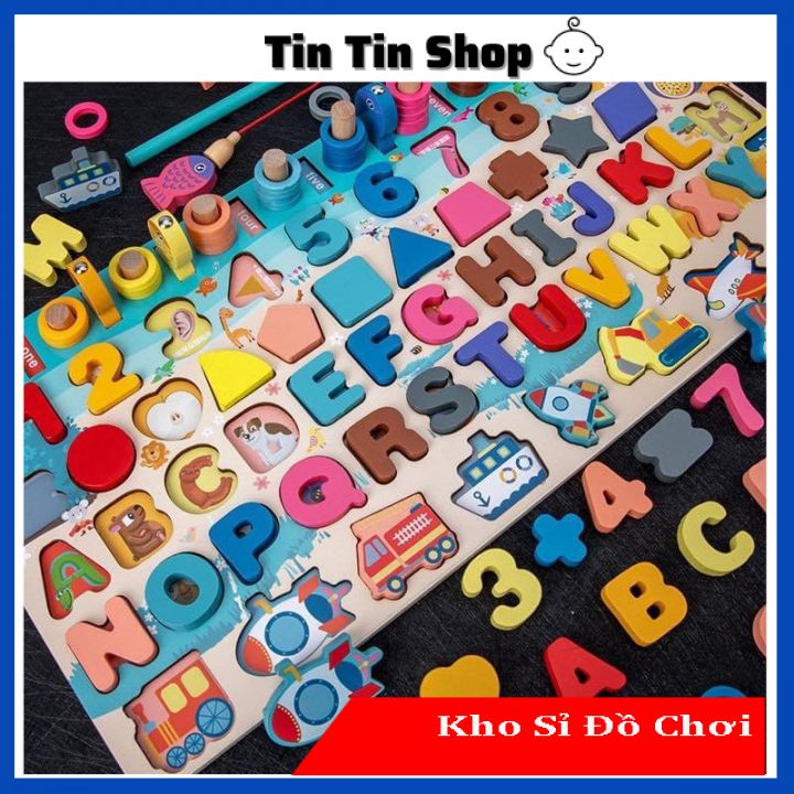 Bộ đồ chơi câu cá bảng chữ cái và ghép số học chữ số cho bé, bộ bảng số và chữ thông minh bằng gỗ, phương tiện,...