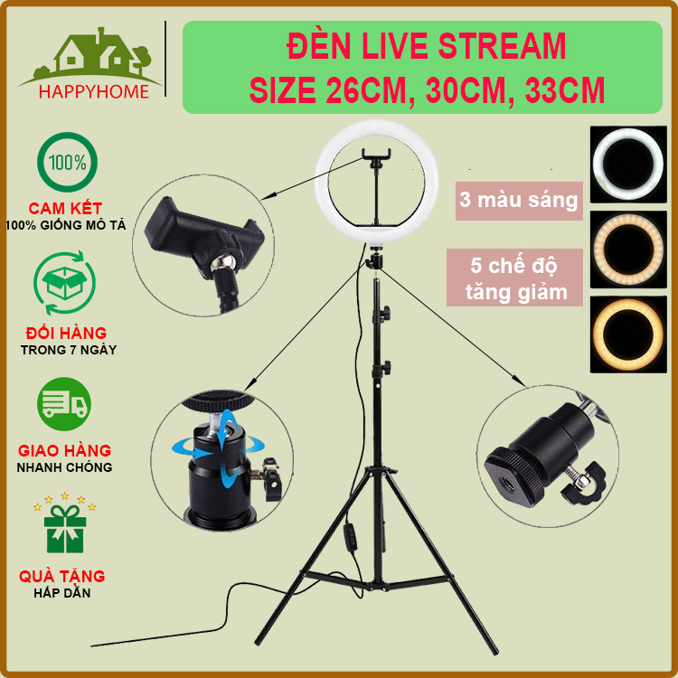 Bộ Đèn live stream size 26cm, 30cm, 33cm Hỗ trợ ánh sáng Chụp Ảnh, Make Up Trang Điểm, Chụp ảnh sản phẩm 3 Chế Độ Sáng - Đèn livestream giá rẻ, đèn livestream để bàn, đèn led trang trí