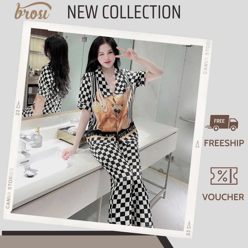 Pijama tay ngắn quần dài lụa xước thiết kế siêu sang, chất liệu cao cấp mềm mịn mát