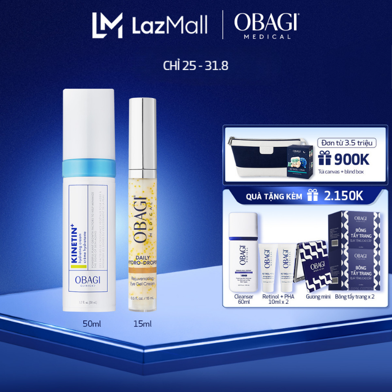 Bộ đôi Kem Dưỡng Phục Hồi Làm Dịu Da Obagi Clinical Kinetin+ Hydrating 50ml và Kem dưỡng mờ nếp nhăn vùng mắt Obagi Medical Daily Hydro-Drops Rejuvenating Eye Gel Cream 15ml