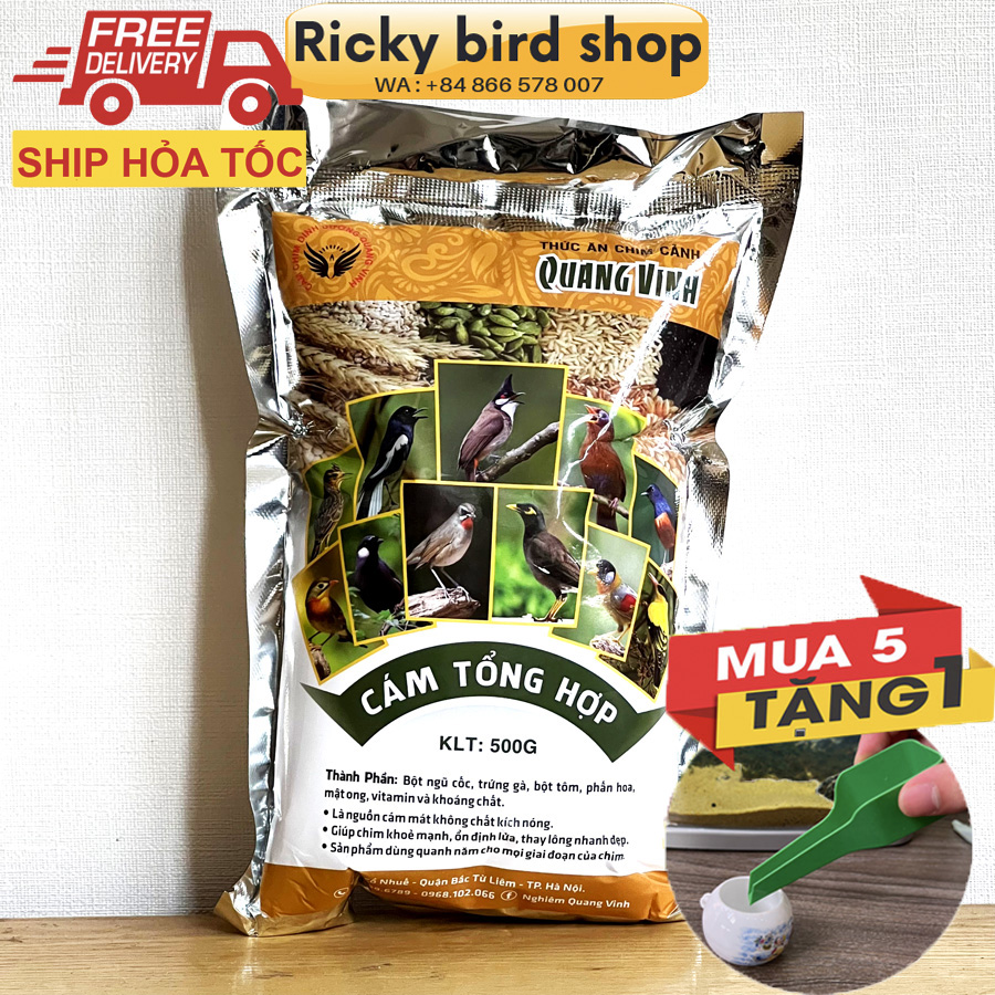 Cám chim tổng hợp Quang Vinh giá rẻ 500 gram - Mua 5 tặng 1 máng xúc cám